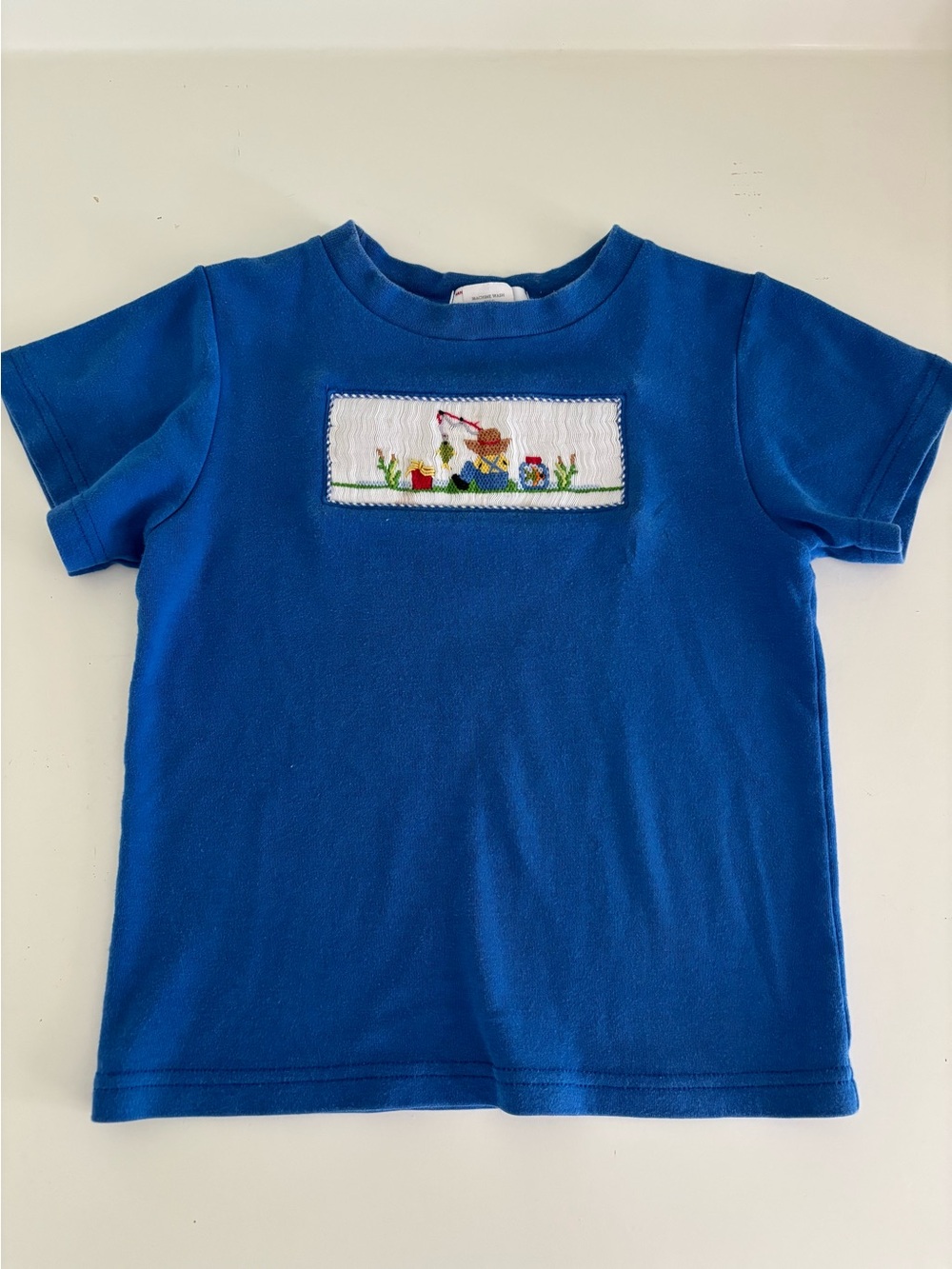 Silly Goose - Blue Short Sleeve Kids Tee with Smocked Fishing Panel